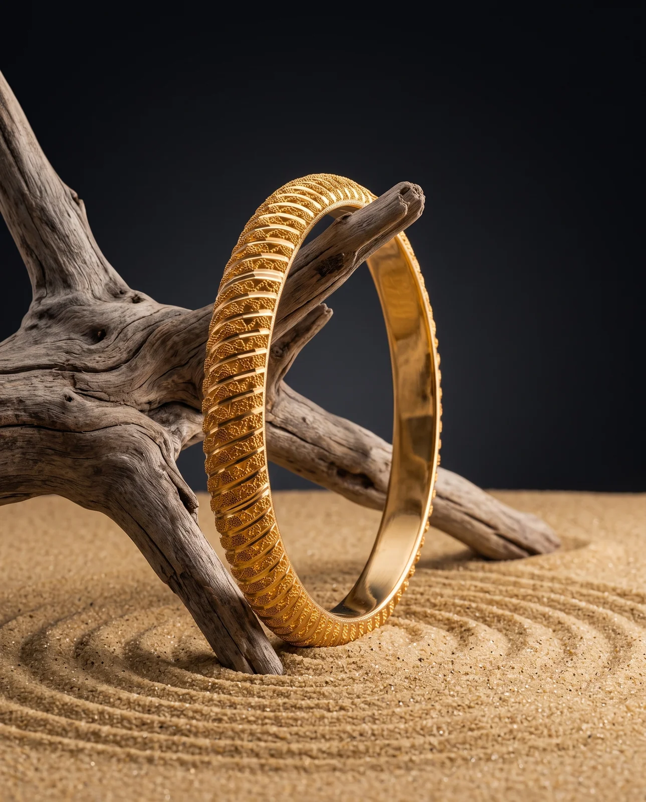 سوار ذهب أصفر عريض بأخاديد متتالية أنيقة
