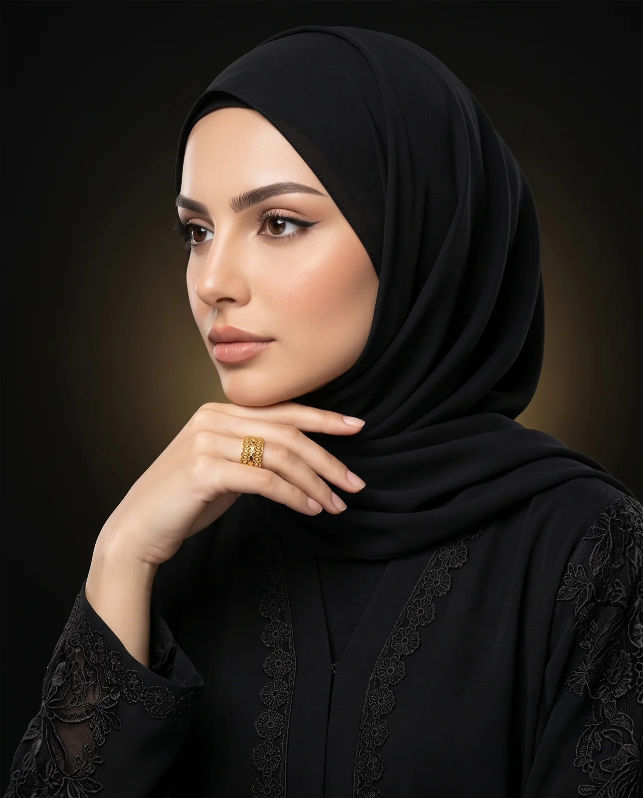 خاتم ذهب أصفر عريض بزخارف نباتية مرصع